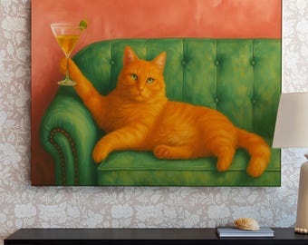 Vintage Orange Cat Martini Art Print: Retro Bar Decor