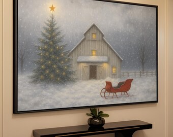 Rustic Christmas Barn Canvas Print, Snowy Winter Scene, Farmhouse Art