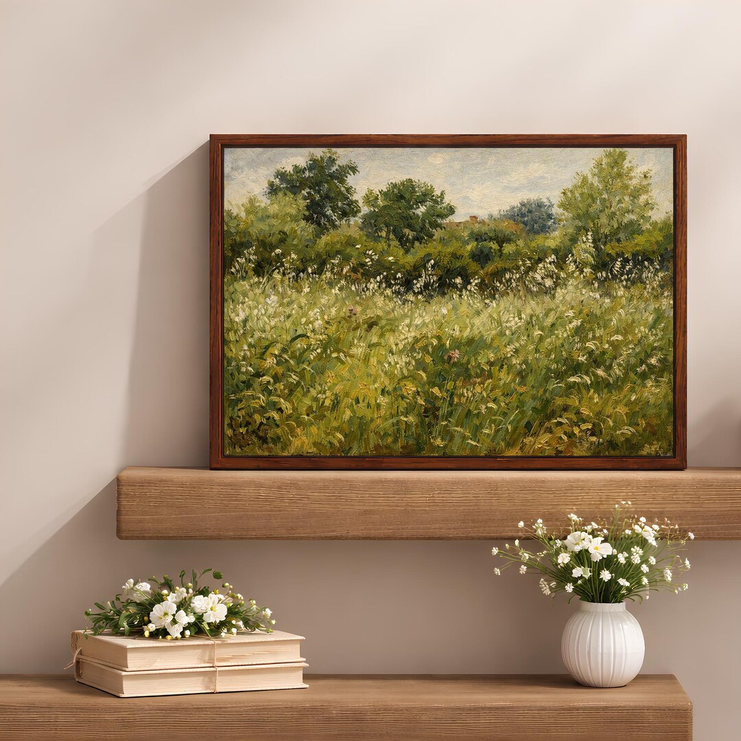 Impressionist Green Meadow Landscape, Oil Painting Style Nature Wall ...