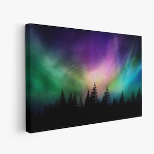 Nordlichter über dem kanadischen Wald Leinwand, Aurora Borealis Wandkunst, Nordlichter Poster, Nordlichter Druck, fertig zum Aufhängen