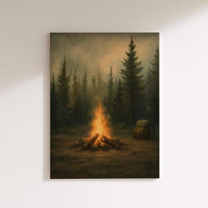 Campfire Wall Art Print - Forest Canvas Ready to Hang - Rustic Wilderness Poster, Cabin Wall Decor, Camping Painting