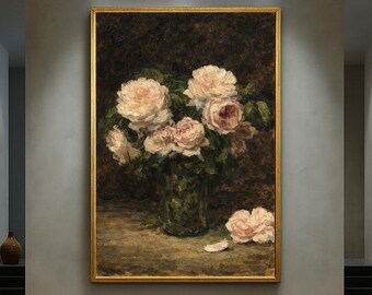 Quadro de parede vintage com natureza morta de rosas, tela emoldurada em madeira escura dourada ou nogueira, pintura floral clássica, decoração romântica para casa.