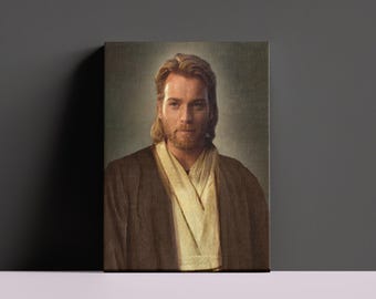 May include: A painting of a man with long blond hair and a beard, wearing a brown robe with a white sash. The painting is in a realistic style and the man's expression is serious.