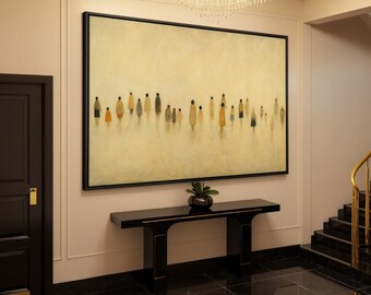 May include: A large framed abstract painting depicting silhouetted figures in various colors against a muted yellow background. Below the painting is a black console table with a small potted plant. The floor is black marble.