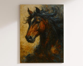Horse Portrait Oil Painting Canvas | Rustic Western Wall Art Print | Equestrian Animal Decor for Living Room, Cabin, Ranch Style Home