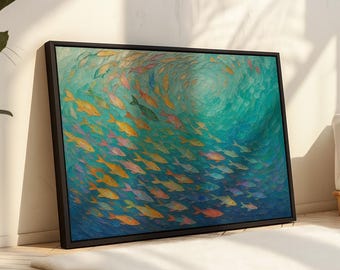 Colorful Fish Ocean Canvas Wall Art | Abstract Underwater Painting | Vibrant Marine Life Poster for Coastal and Beach House Decor