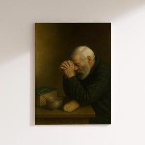 Op de afbeelding: Een schilderij toont een oudere persoon met een witte baard en haar, handen gevouwen in gebed. Een kom soep, een brood en een boek met een kruis liggen op tafel. De scène speelt zich af in een zwak verlichte kamer.