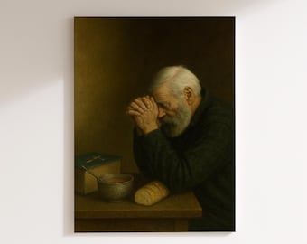 Puede incluir: Una pintura representa a una persona mayor con barba y pelo blanco, con las manos juntas en oración. Un cuenco de sopa, una barra de pan y un libro con una cruz están sobre la mesa. La escena está ambientada en una habitación con poca luz.
