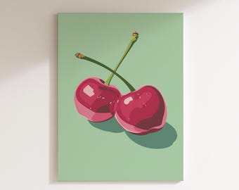 Estampado vintage de cerezas, lienzo retro para cocina, cerezas rojas intensas