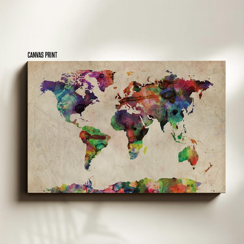 Watercolor World Map Print, Colorful Map Wall Art, Vintage Map Poster ...
