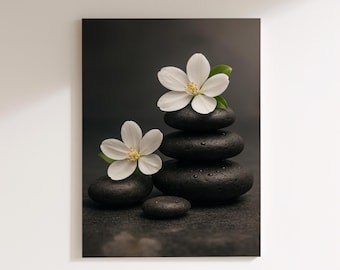 MODOJOART 2 Piezas De Lienzo Zen Para Pared, Flores Blancas Y Piedras Negras, Impresiones De Meditación, Lienzo De Arte Para Baño, Yoga, Meditación, Spa, Decoración De Habitación (obra De Arte-01, 20