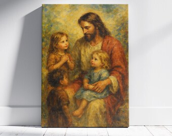 Puede incluir: Pintura enmarcada que representa a un hombre con pelo largo y barba rodeado de tres niños. El hombre viste una túnica roja y una túnica color crema. Los niños visten ropa en tonos tierra. El fondo es un paisaje suave y borroso.