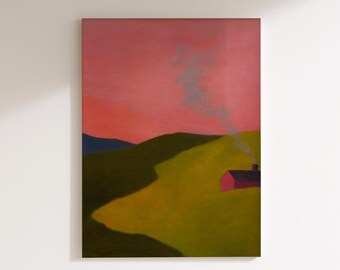 May include: An abstract landscape painting featuring a red sky and rolling green hills. A small red house with a smoking chimney sits in the valley. The artwork evokes a sense of tranquility and rural life.