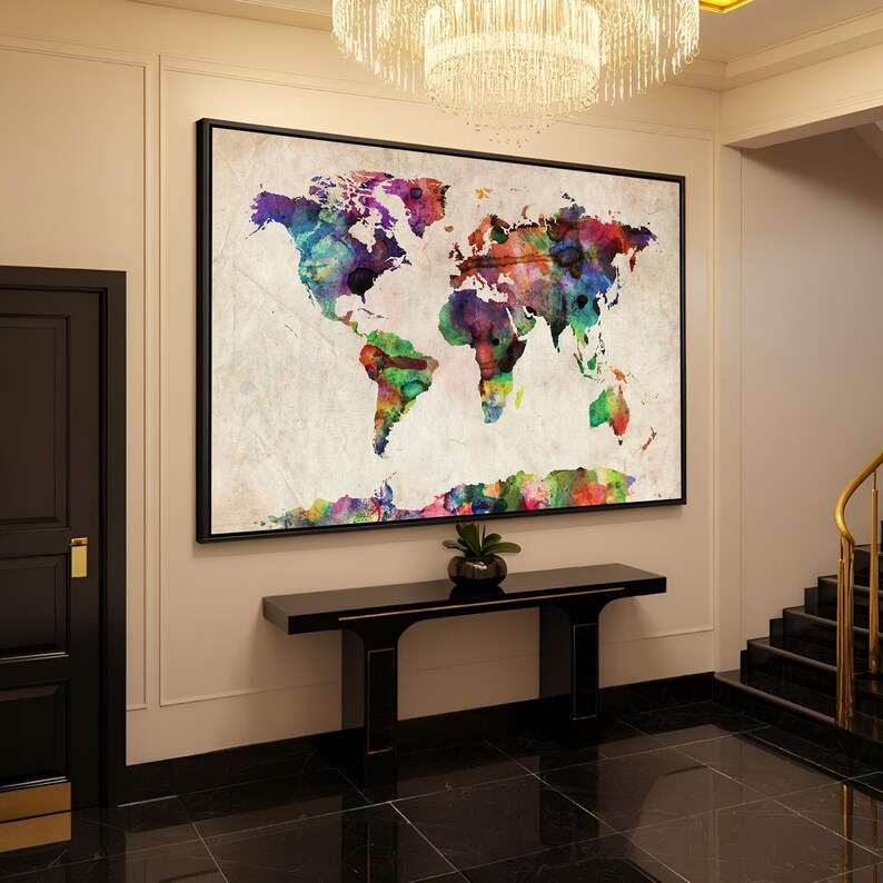 Watercolor World Map Print, Colorful Map Wall Art, Vintage Map Poster ...