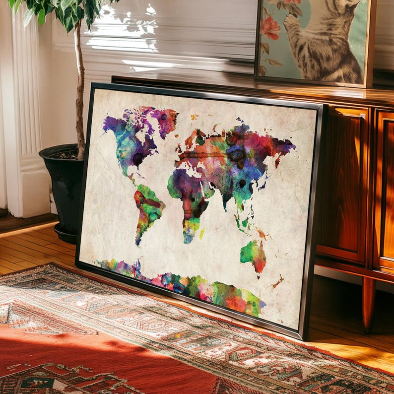 Watercolor World Map Print, Colorful Map Wall Art, Vintage Map Poster ...