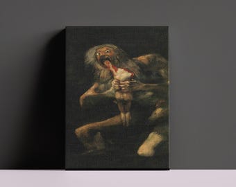 May include: A dark, dramatic painting of a figure with a large mouth, holding a smaller figure in its hands. The larger figure has a long, white beard and is depicted with a fierce expression. The smaller figure is partially obscured by the larger figure's hand.