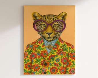 May include: A whimsical illustration of a leopard wearing purple-rimmed glasses and a yellow floral blazer. The leopard is also wearing a blue shirt and a bee-shaped brooch. The background is a solid orange color.