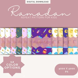 Può includere: Download digitale con un motivo ripetuto "Ramadan" per bambini. Il design offre diverse opzioni di colore e una risoluzione di 4000 x 4000 pixel. Il motivo presenta disegni colorati con il testo "NigabiArt".