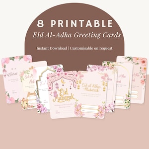 Pacote de cartões comemorativos para o Eid al-Adha | Cartões islâmicos para o Eid com design floral para impressão | Download instantâneo | Cartão de feriado muçulmano