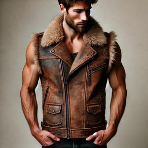 Harocks Men&#39;s Distressed Sheepskin Leather Biker Vest – Vintage-Style Faux Shearling Waistcoat