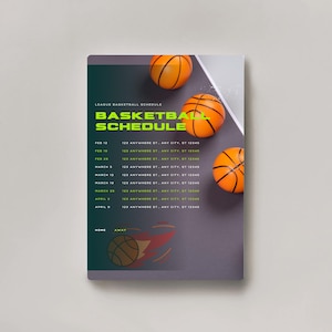Bewerkbare basketbalschemasjabloon: eenvoudig georganiseerd bewerkbaar sportsjabloon, basketbalseizoenschema, basketbalkalender wedstrijddag