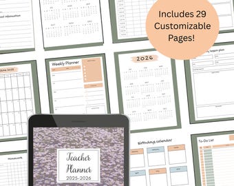 May include: A digital planner for teachers with a floral background. The cover says "Teacher Planner 2025-2026". The planner includes 29 customizable pages, including monthly calendars, weekly planners, to-do lists, lesson plans, and birthday calendars.