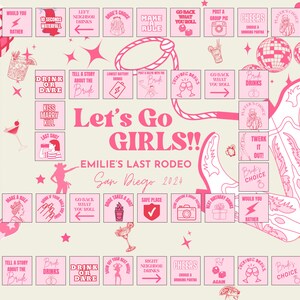 Op de afbeelding: Een roze en wit bruiloftsdouche-spelbord met de tekst "Let's Go Girls!!" en "Emilie's Last Rodeo San Diego 2024". Het bord bevat een verscheidenheid aan activiteiten en uitdagingen voor gasten om te voltooien, zoals "Drinken of Durven", "Vertel een Verhaal over de Bruid" en "Kussen, Trouwen, Doden".