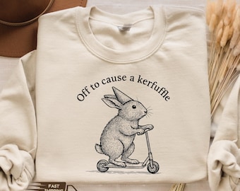 Funny Bunny Scooter Sweatshirt, Off To Cause A Kerfuffle Tee, Silly Animal Mental Health Shirt, Adult Humor Sarcastic Animal Rabbit Gift Tee