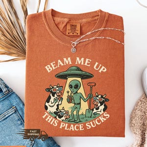 May include: A rust-colored t-shirt with the text "BEAM ME UP THIS PLACE SUCKS" and a graphic of an alien, cows wearing 3D glasses, and a UFO. A silver necklace is draped across the shirt. The shirt is folded.
