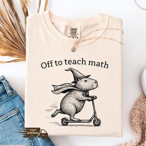 May include: Ivory t-shirt featuring the text "Off to teach math." The graphic depicts a capybara in a witch hat and cape, riding a scooter. The shirt is made of a soft material.