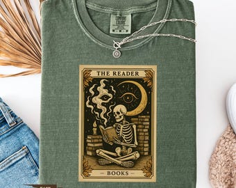 The Reader Tarot Card Comfort Colors® Shirt, Skeleton Reading Shirt, Unisex Tarot Card Shirt, Tarot Lover Gift, Book Lover Bookish Gift