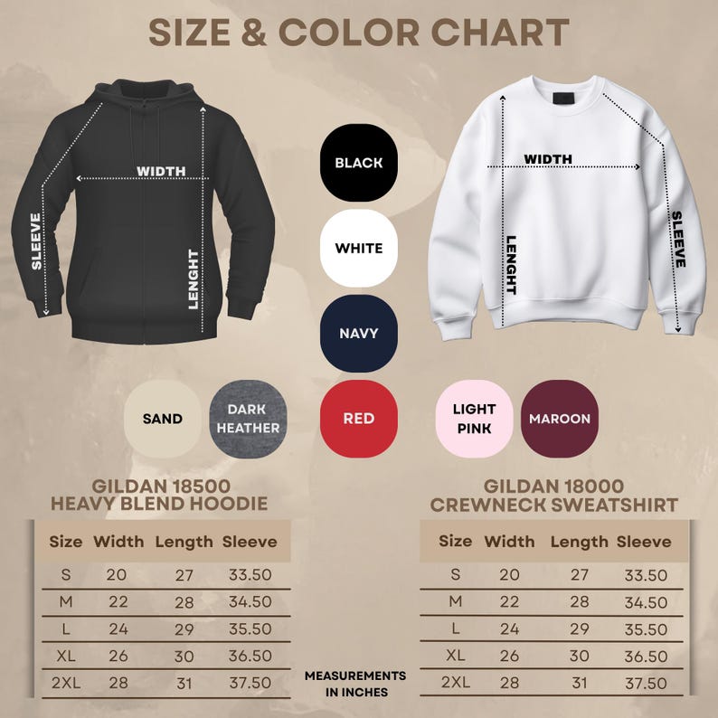 Op de afbeelding: Een maat- en kleurentabel voor Gildan hoodies en sweatshirts. De tabel toont een zwarte hoodie en een witte sweatshirt met afmetingen in inches. Beschikbare kleuren zijn zwart, wit, marine, rood, lichtroze, bordeaux, donkergrijs en zand.