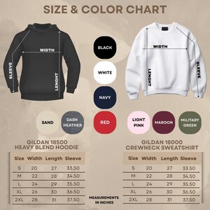 May include: Size and color chart for Gildan 18500 Heavy Blend Hoodie and Gildan 18000 Crewneck Sweatshirt. The chart shows measurements in inches for width, length, and sleeve length, along with color options: black, white, navy, red, and more.