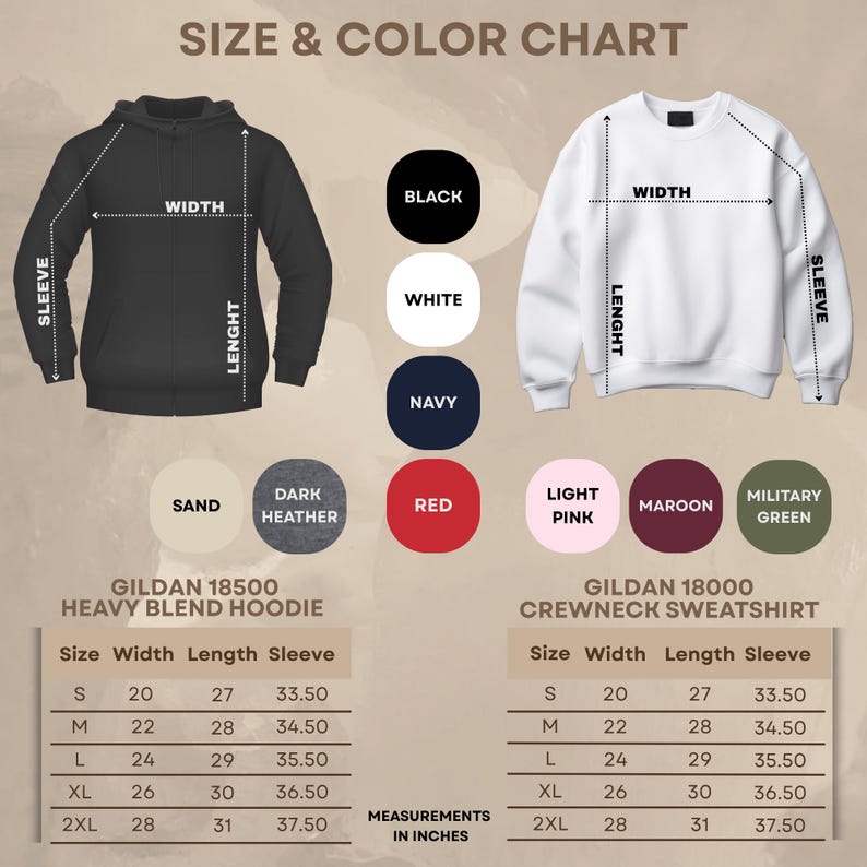 May include: Size and color chart for Gildan 18500 Heavy Blend Hoodie and Gildan 18000 Crewneck Sweatshirt. The chart shows measurements in inches for width, length, and sleeve length, along with color options: black, white, navy, red, and more.