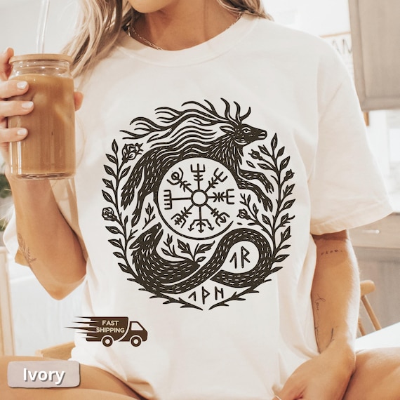 Snake and Stag Linocut Shirt, Norse Vegvisir Forest TShirt, Viking Folk Art Graphic Pagan Symbolic Nature, Mystical Yin Yang Animal Tee