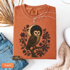 May include: A rust-coloured Comfort Colors t-shirt with an owl design, surrounded by flowers and a crescent moon. A silver necklace with a sun pendant is on the shirt. The t-shirt has a crew neck and short sleeves.