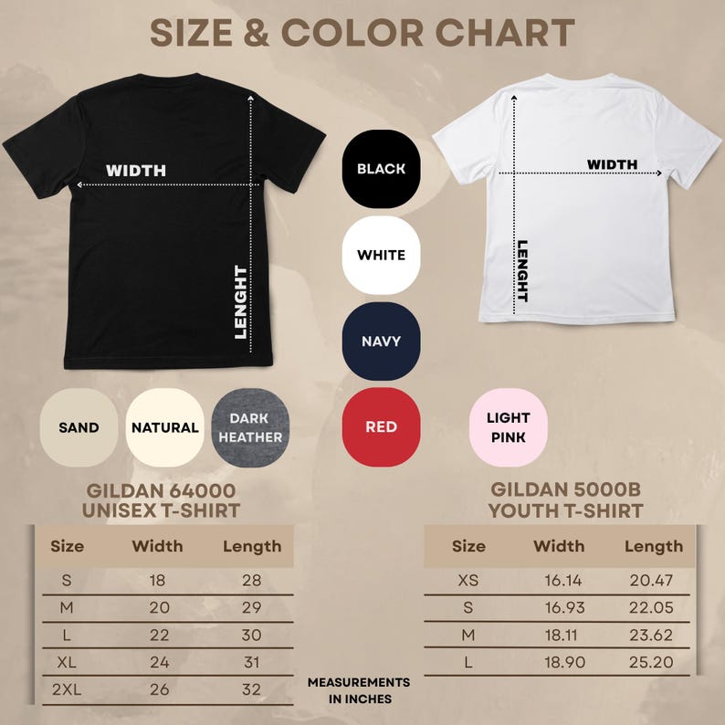 Op de afbeelding: Een maat- en kleurentabel voor Gildan unisex en jeugd t-shirts. De tabel toont de beschikbare kleuren: zwart, wit, marine, rood, lichtroze, zand, natuurlijk en donkergrijs. De afmetingen zijn in inches.