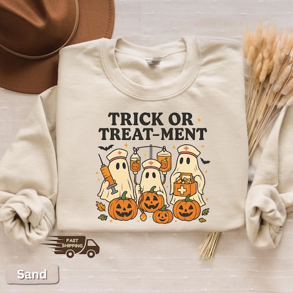 Cute Ghost Nurse Halloween Sweatshirt, Boo Trick or Treatment Spooky Nurse Shirt