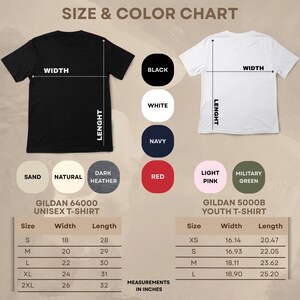 May include: Size and color chart for Gildan unisex and youth t-shirts. The chart displays width and length measurements in inches for various sizes, along with color options including black, white, navy, red, and others. The Gildan 64000 unisex t-shirt sizes range from S to 2XL.