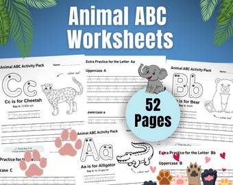 ABC Animal Kids Activity Worksheets Pack | 52-Page Tracing, Coloring, Letter-Find (PDF Download)