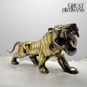 Hand Carved Tiger Figurine in Brass. Handmade Tiger Statue