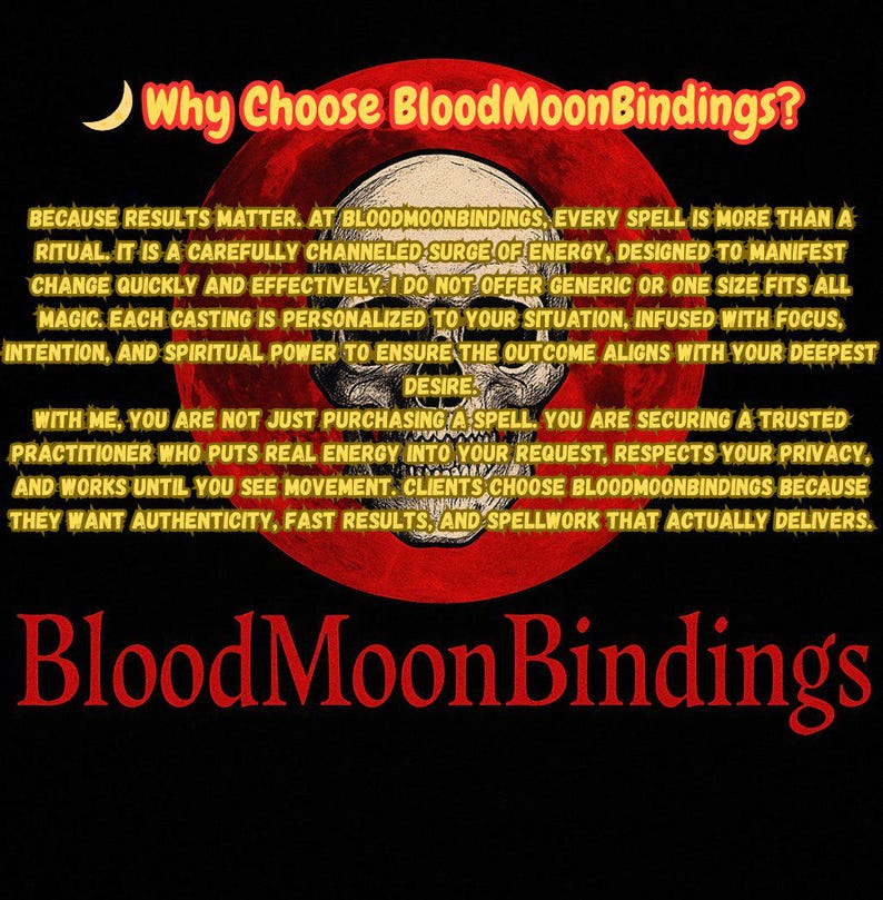 May include: Image with the text "Why Choose BloodMoonBindings?" in yellow and red. The text is over a red circle with a skull graphic. The text "BloodMoonBindings" is at the bottom in red.