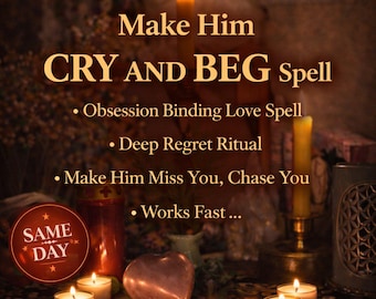 May include: An image featuring candles, a heart-shaped object, and text that reads "Make Him CRY AND BEG Spell." The text also includes phrases like "Obsession Binding Love Spell" and "Works Fast." A "SAME DAY" seal is also visible.
