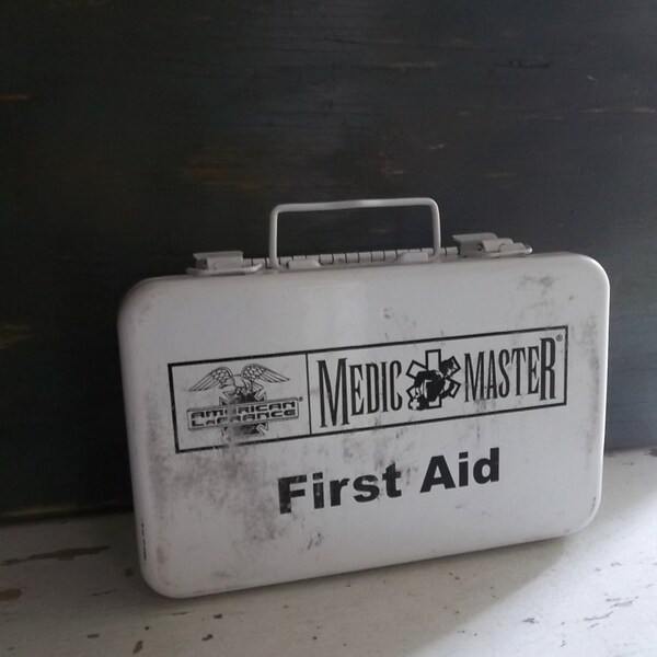 Vintage Metal Industrial Prim Storage Box.  First Aid Kit. Cash Box. Enameled Porcelain  American LaFrance