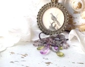 Antique Oval Petite Bird Print. French Petite Shabby Framed Art. Silver Ornate Pendant Frame