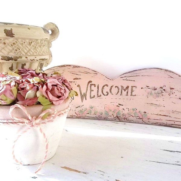 Rustic Welcome Sign.  Pink Shabby Chic. Garden Patio Porch DIsplay. Curved Wood door stop.