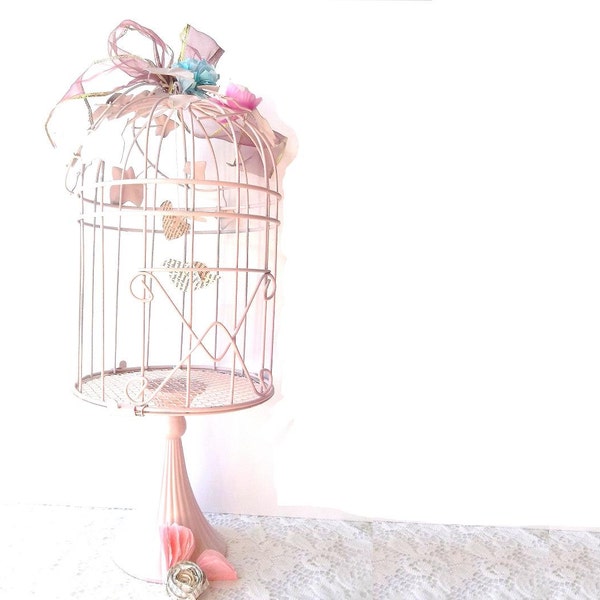 Wrought Iron Victorian Pink Shabby Chic Birdcage. Altered Art Love Birds. Cottage Shabby Chic Decor. Gift. Bridal.