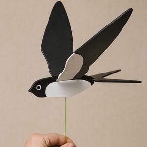Wooden Swallow Mobile - Handmade Flying Bird Decor with Moving Wings | Natural Wood Gift for Kids, Nursery or Garden Wall Decoration