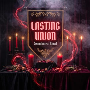 Könnte beinhalten: Eine dunkle Szene mit einem Banner mit den Worten "LASTING UNION Commitment Ritual" in Rot. Kerzen, Rosen und Blütenblätter schmücken einen Tisch mit schwarzem und bordeauxrotem Samt, mit Rauchschwaden.
