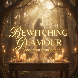May include: An ethereal image with the text "Bewitching Glamour" and "Boost Your Confidence". A woman's silhouette stands in a forest, illuminated by a soft glow. Lit candles and fairy lights adorn a wooden table in the foreground.